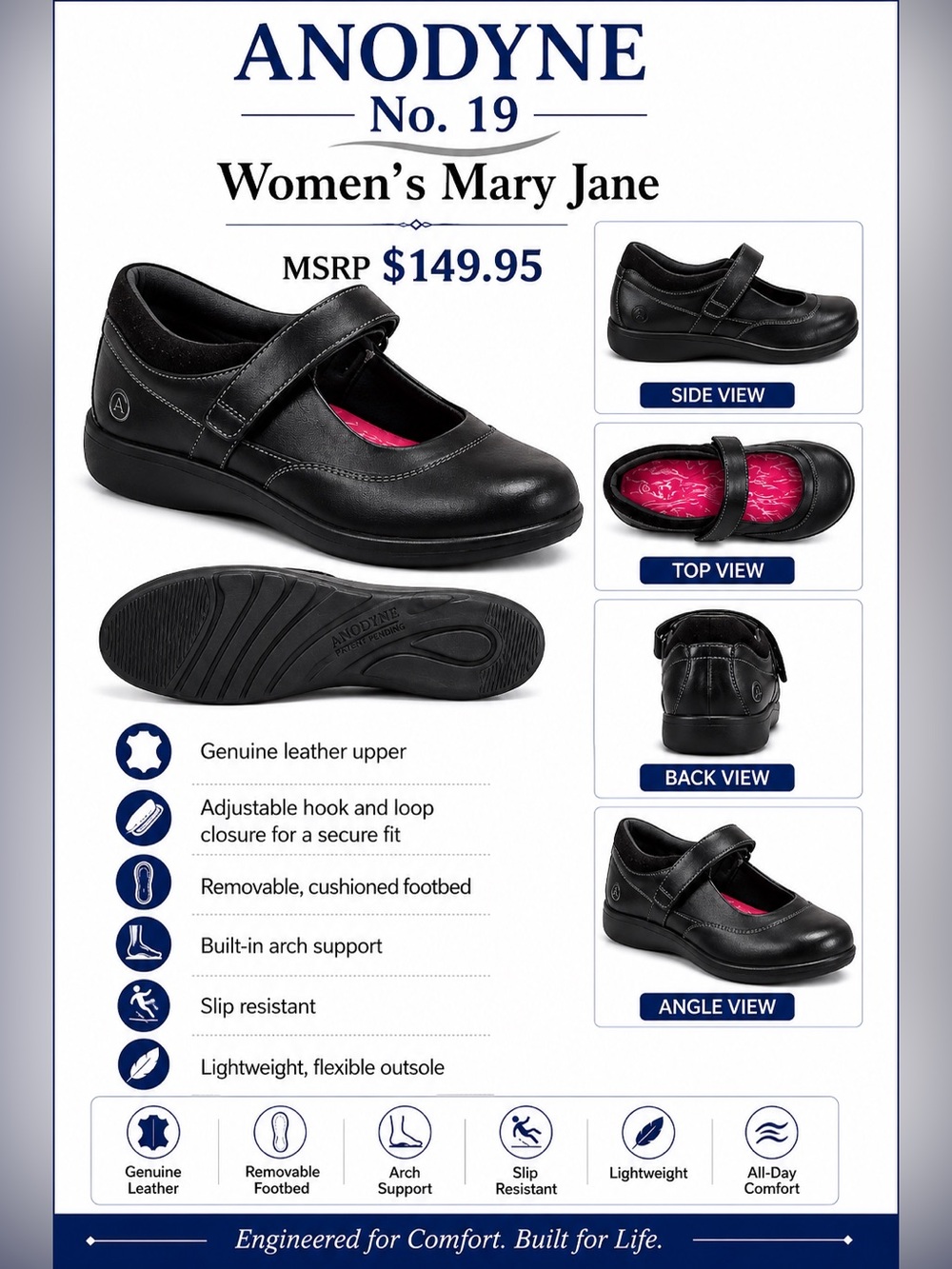 Anodyne Black Mary Jane Comfort Shoes Orthopedic Walking Flats Size 9W